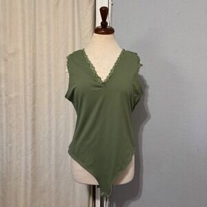 Pinkm Style Olive Green Lace Trim V Neck Sleeveless Lined Stretchy Bodysuit‎ XXL